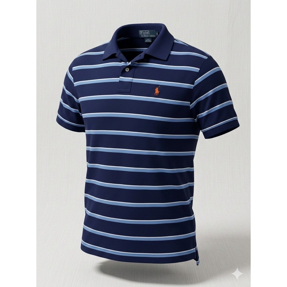 Polo by Ralph Lauren Men's Dark Blue Striped Polo Short Sleeve Shirt. Size L